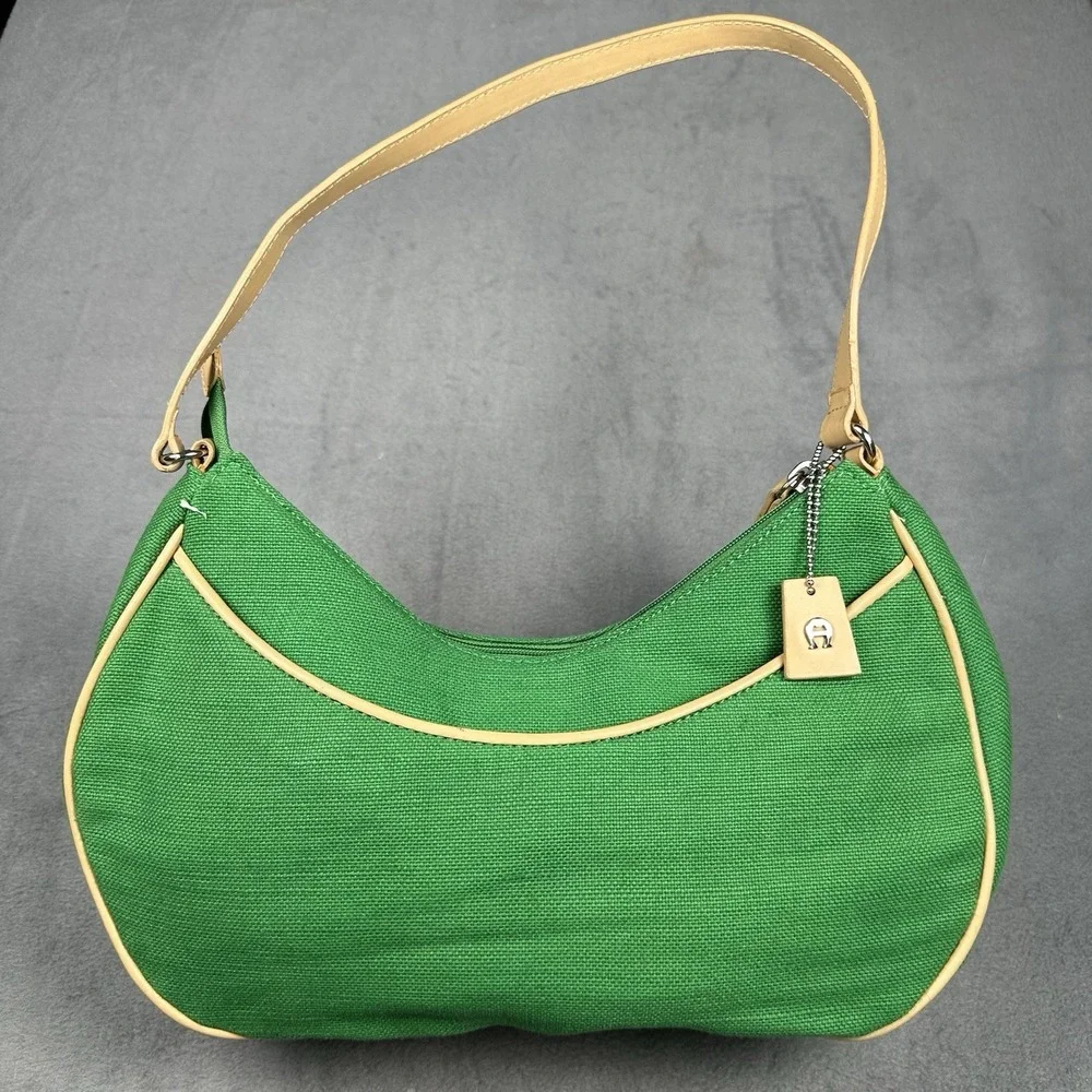 Etienne Aigner Green Canvas Shoulder Bag Tan Leather Trim Vintage Y2K Hobo Purse